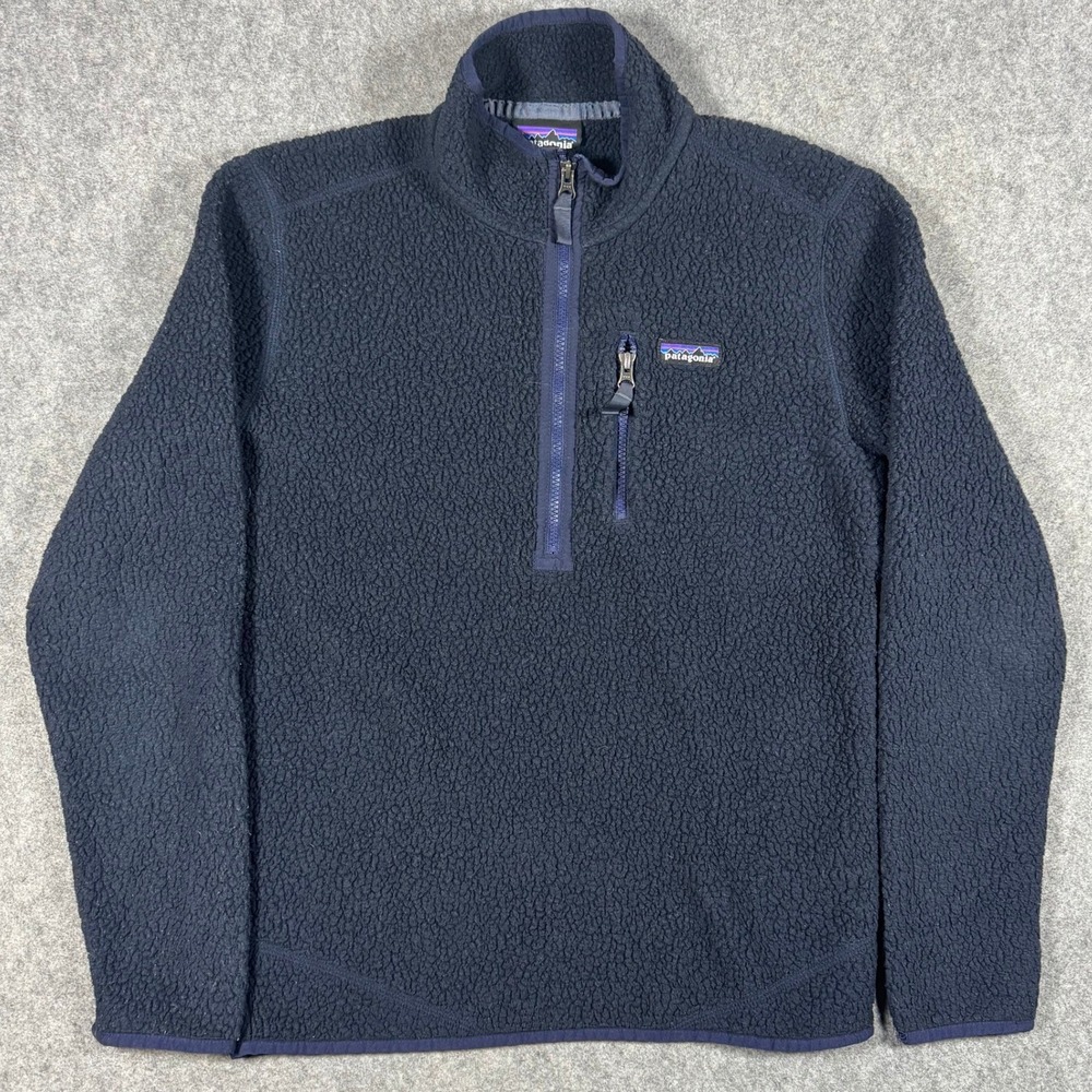 Patagonia Fleece Pullover Mens Small Navy Chest Pocket 1/4 Zip High Pile Retro